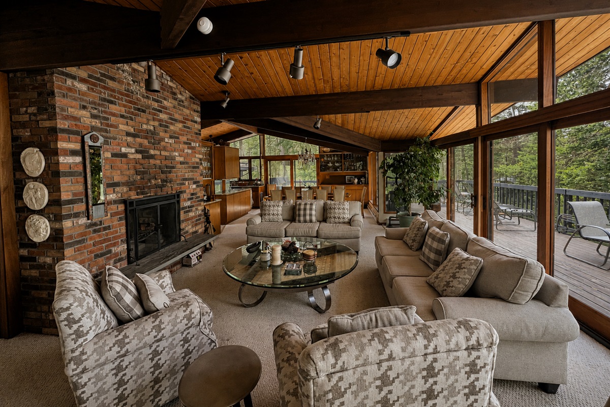Living Room with woodburning fireplace walkout to deck