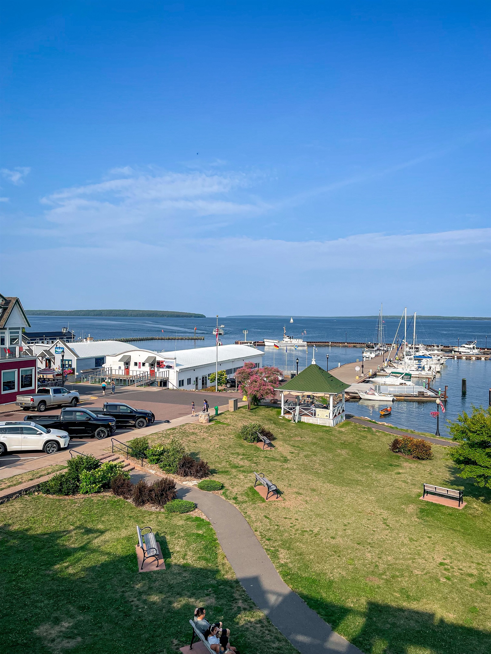 Downtown Bayfield view towards the docks form Bayfield Inn rooftop restaurant 