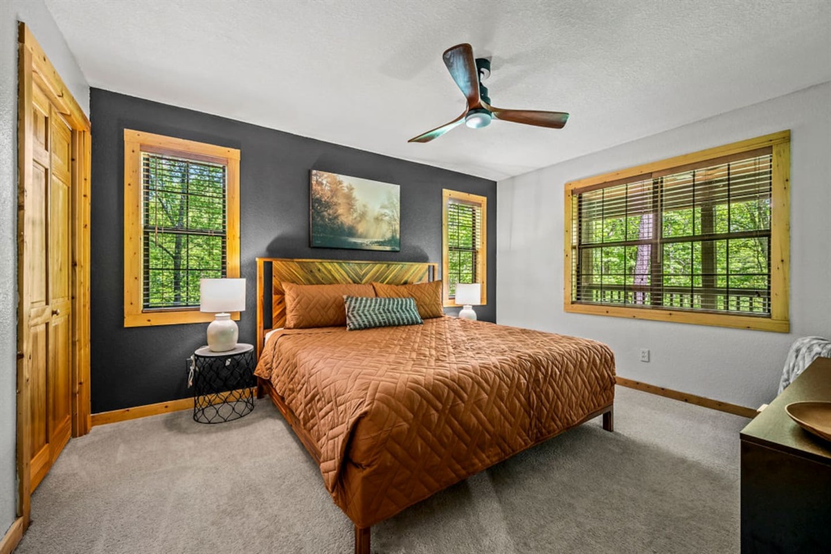 Main floor king bedroom with TV and bathroom.