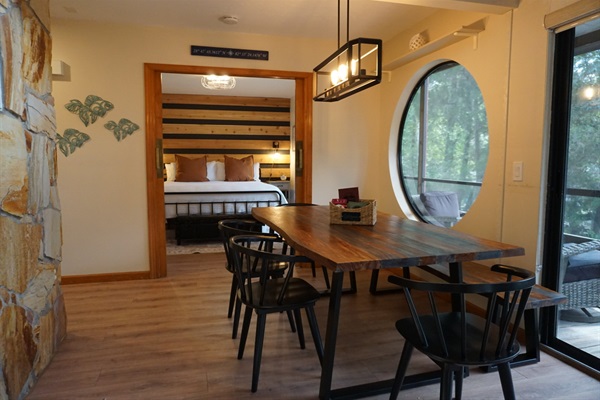 New "live edge" dining table with matching bench and chairs.