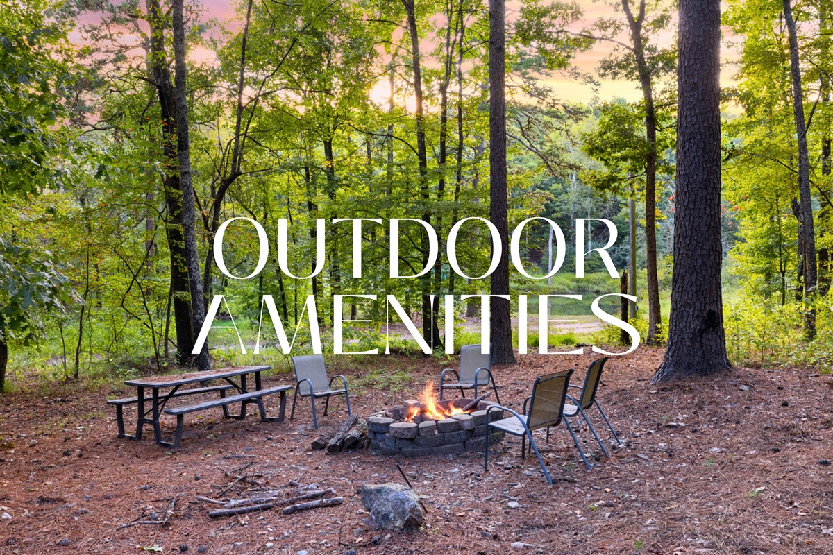 Multiple outdoor seating areas, fire pit, and picnic tables for the ultimate retreat.