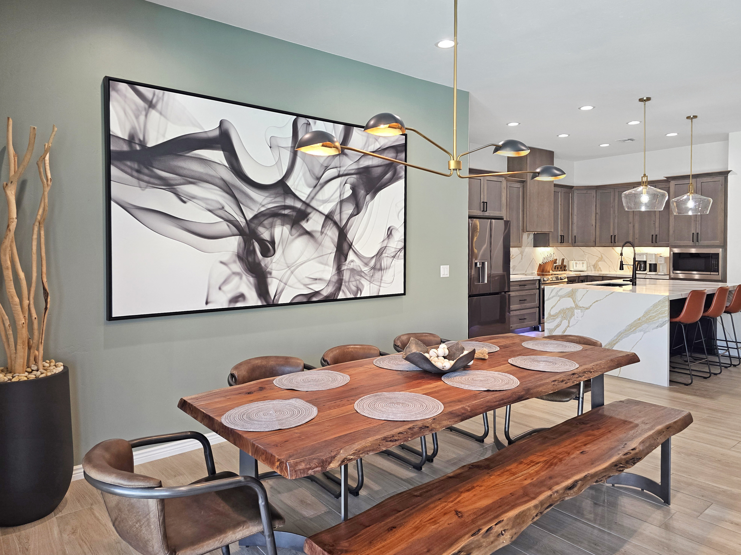 Custom live edge wood dining table with seating for 8.