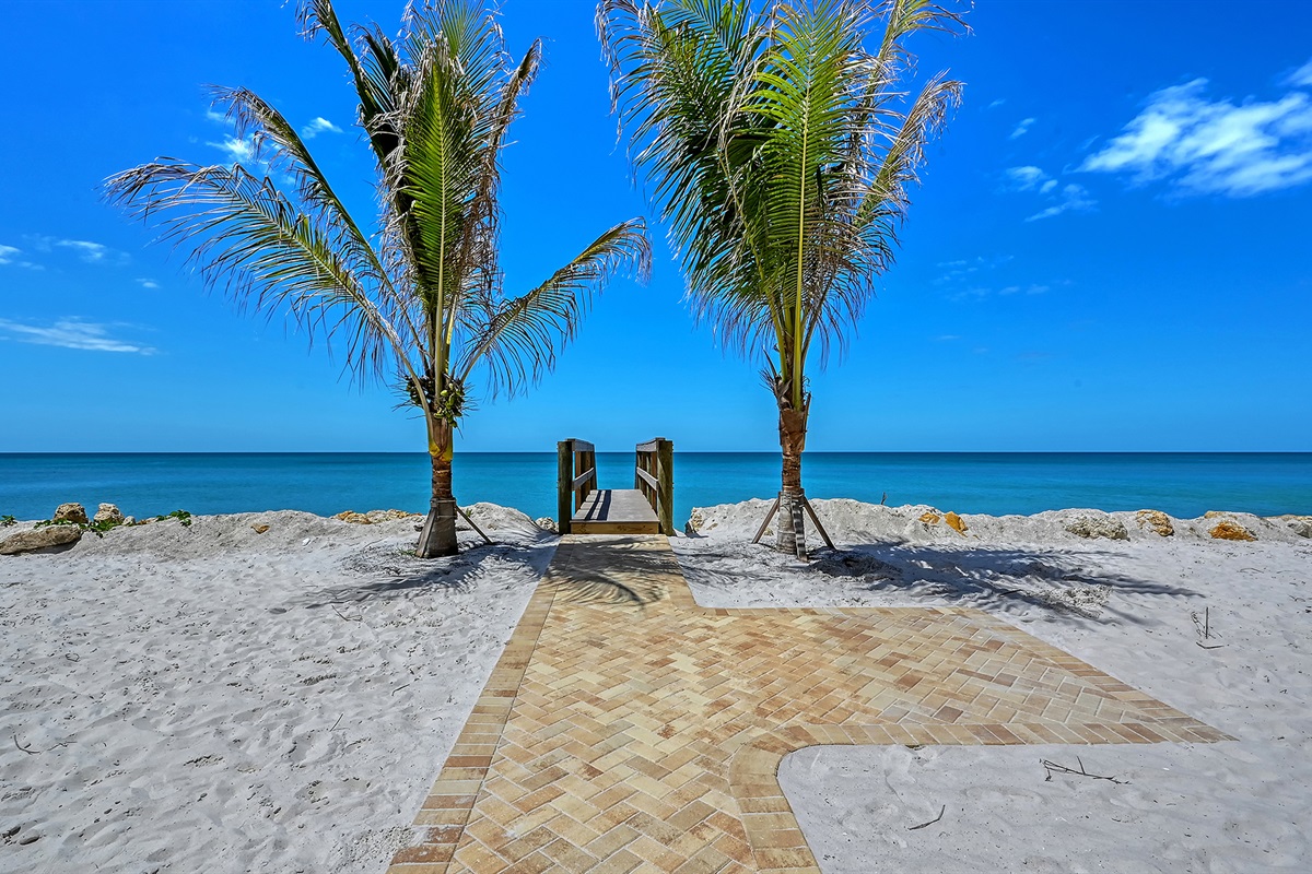 2026 community beach & walkway - new white sand and bridge with new palms along the Gulf 