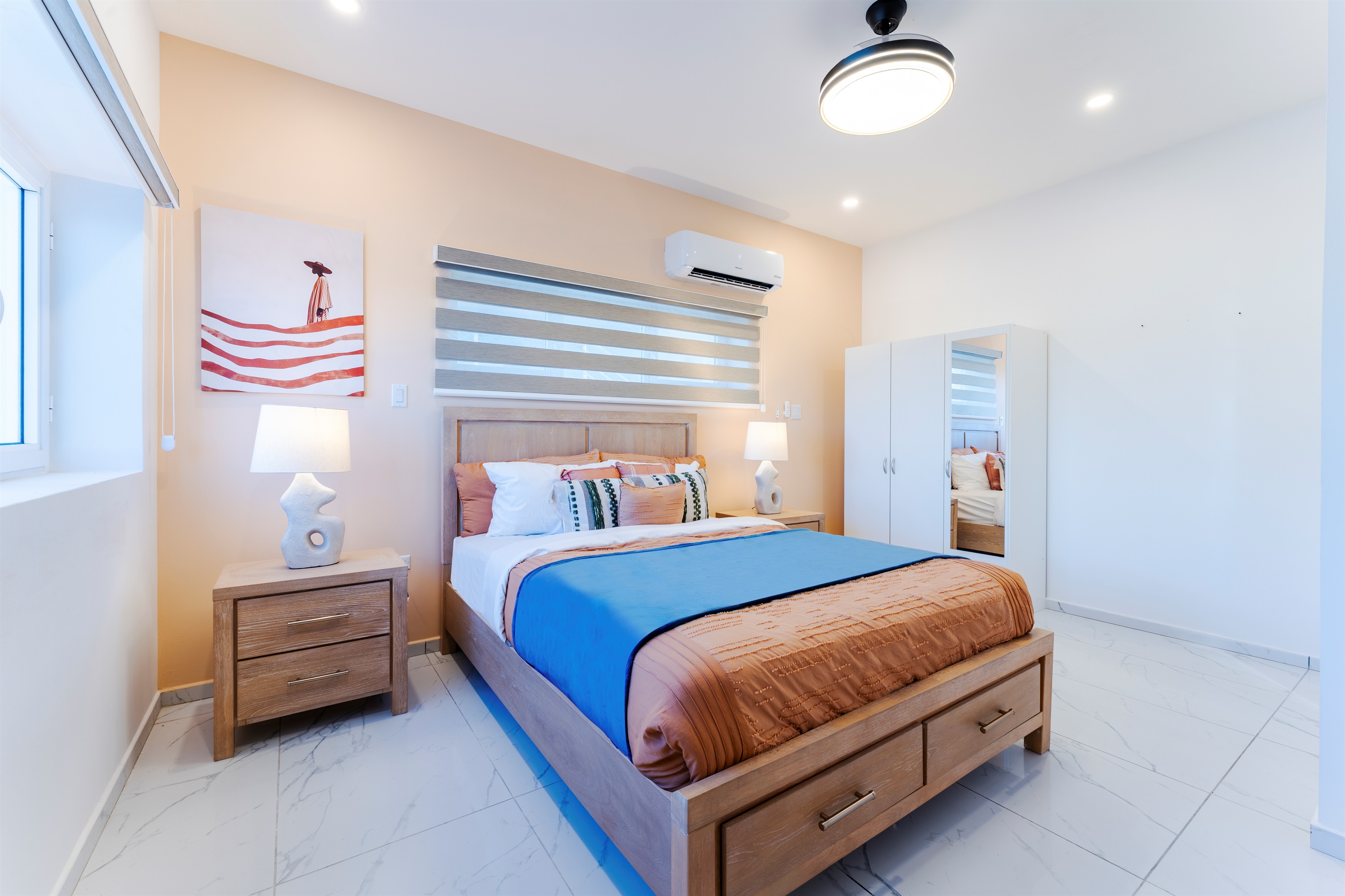 Large windows fill the room with natural Caribbean light