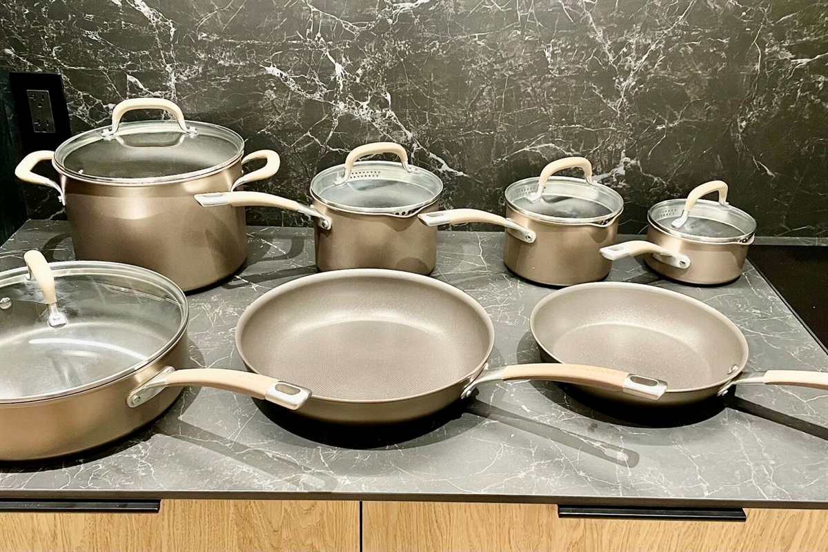 Induction compatible cookware set. Kitchen is outfitted with top end appliances and everything you need to prepare & cook up a gourmet feast