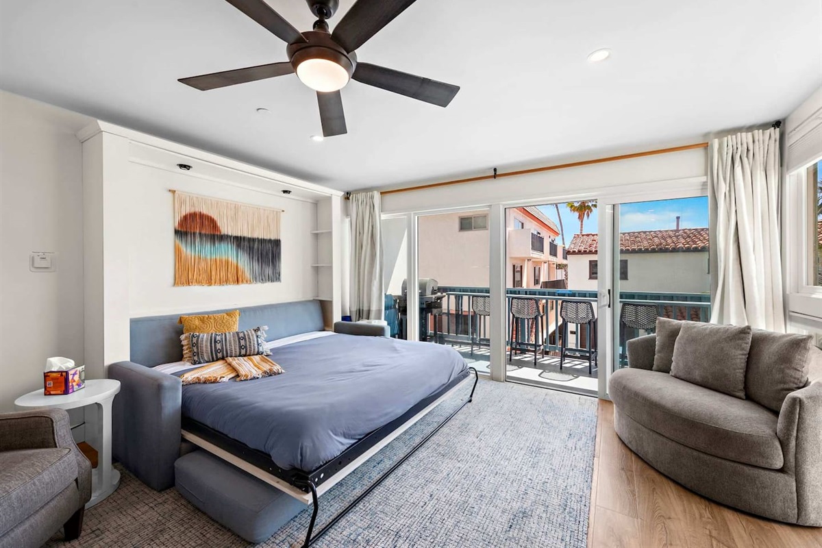 Here is the murphy bed extended in relation to the rest of the room.  This is a STUDIO UNIT (without a separate bedroom) so this is the primary bed (other than sleeper ottoman twin bed)