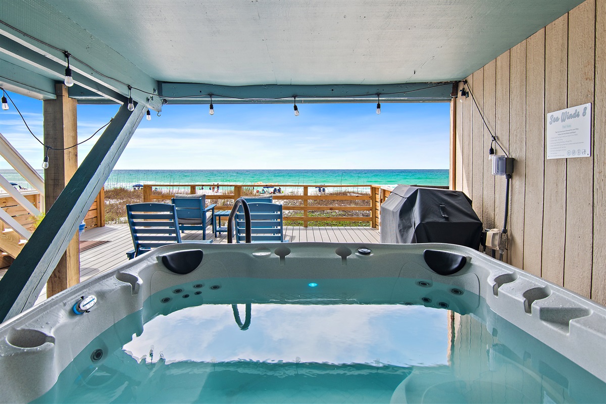 Sea Winds 8 comes with your very own 6-Person Hot Tub on the First Level Patio Overlooking the Gulf of Mexico. The Hot Tub is drained and cleaned before each guest