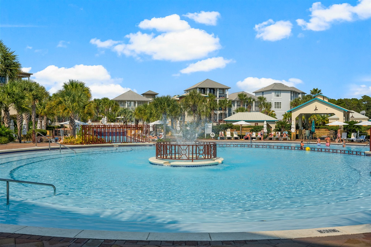 Find your zen by the fountain. Relaxation comes standard at the 1200 sq ft Seacrest Beach community pool just steps away.