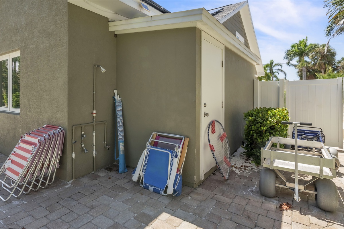Exterior shower with foot shower on pool deck – AMI Beach House, Anna Maria Island
