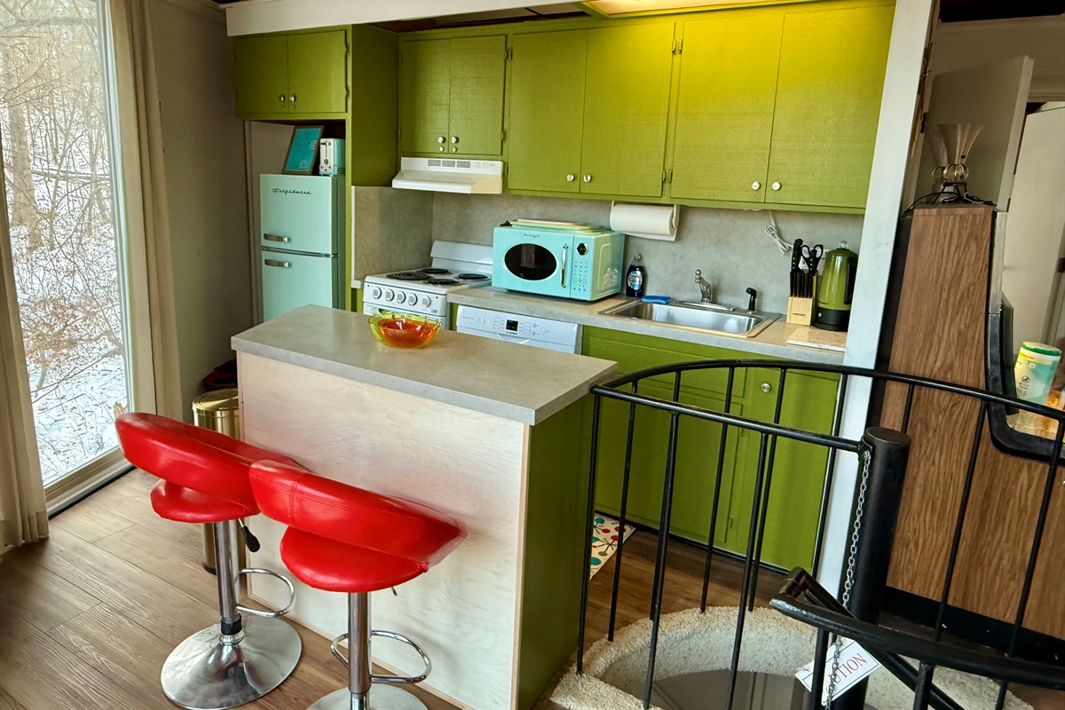 Kitchen with dishwasher, stove, microwave, fridge