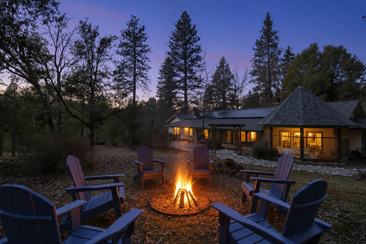 Fire pit seating at dusk with chairs, wooded surroundings, and warm cabin views for relaxing evenings outside.
