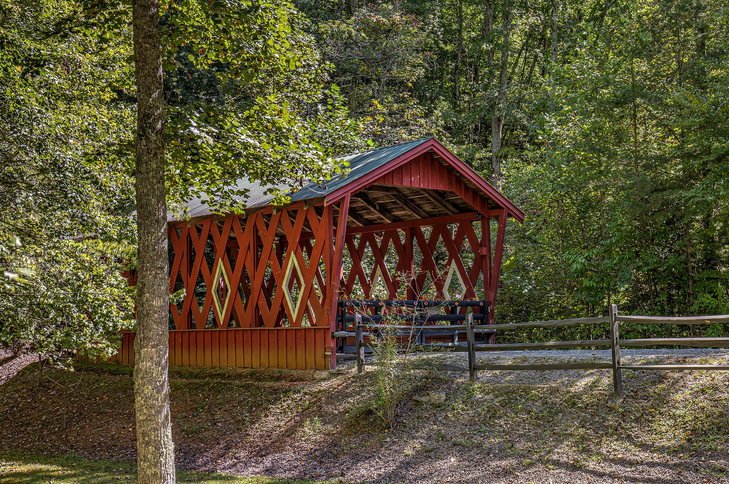 Tall covered bridge you enter to get into our community.  Accommodates trucks and campers too.