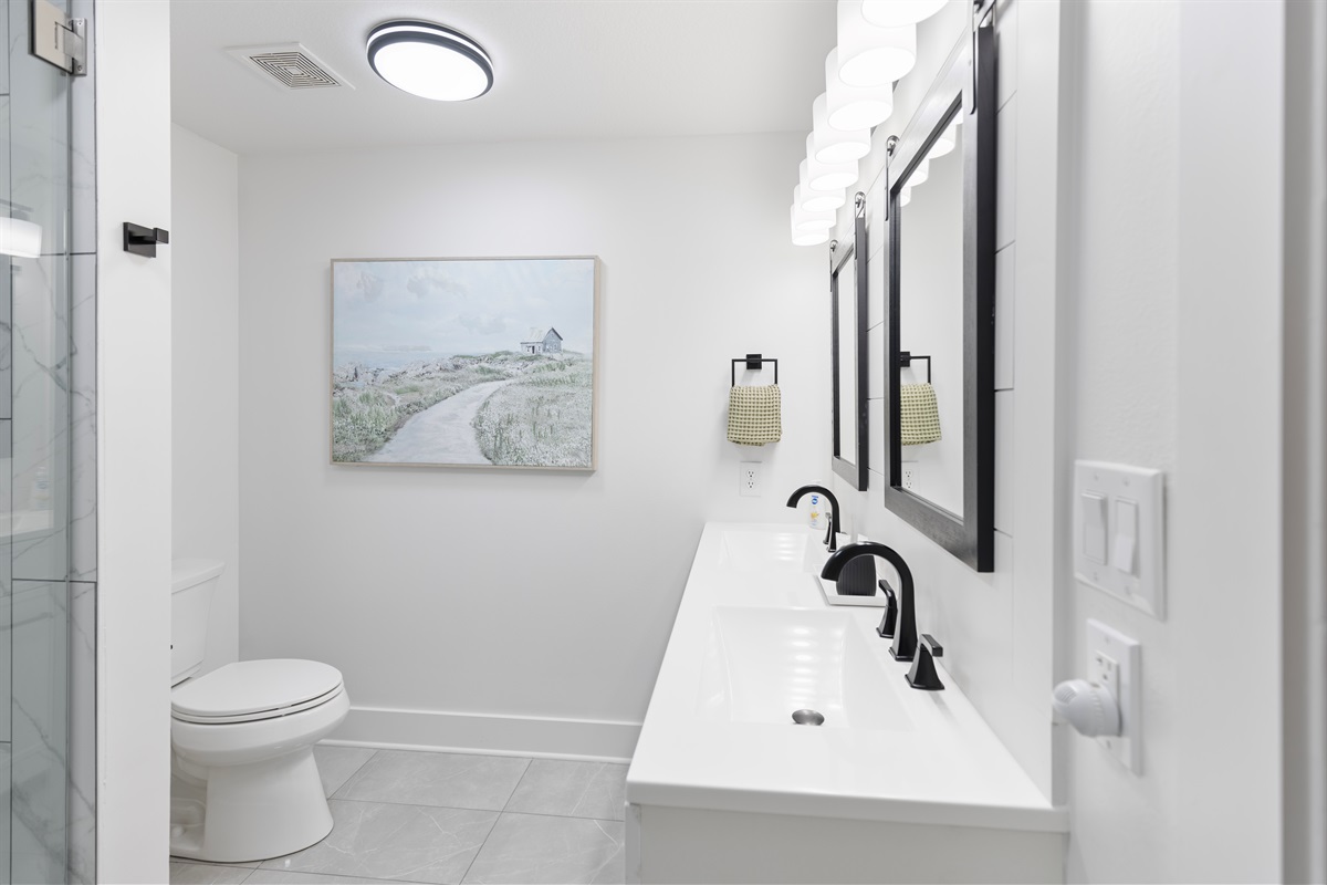 Primary Bathroom + Double Vanity + Walk In Shower