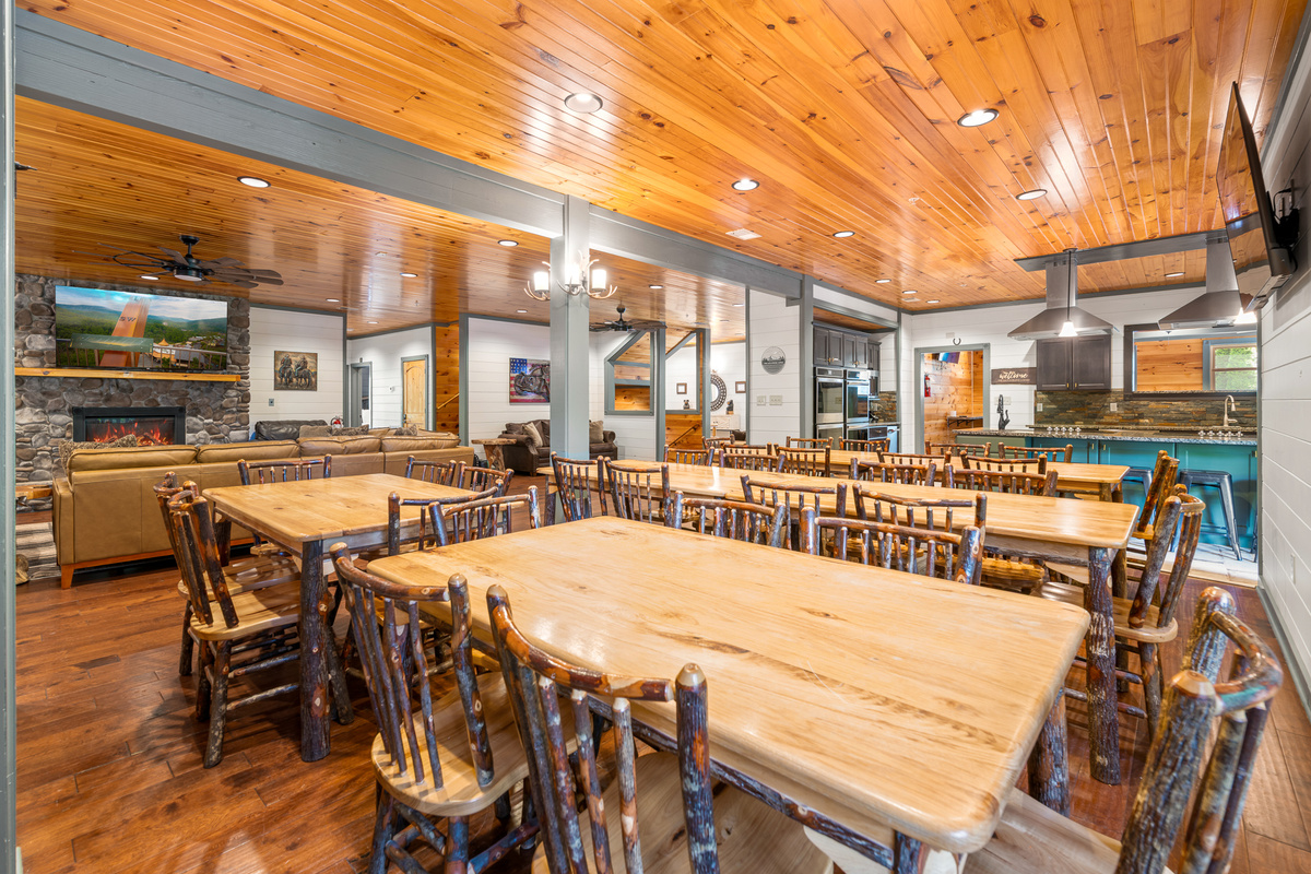 Grand Dining Hall
Solid wood tables that seat all 60 guests at once. Set for a family-style meal, a group dinner, or a morning devotional. No restaurant reservations, no splitting up — everyone eats together.
