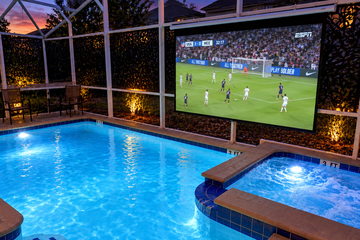 Enjoy The Poolside Theater At Night Watching Movies And TV