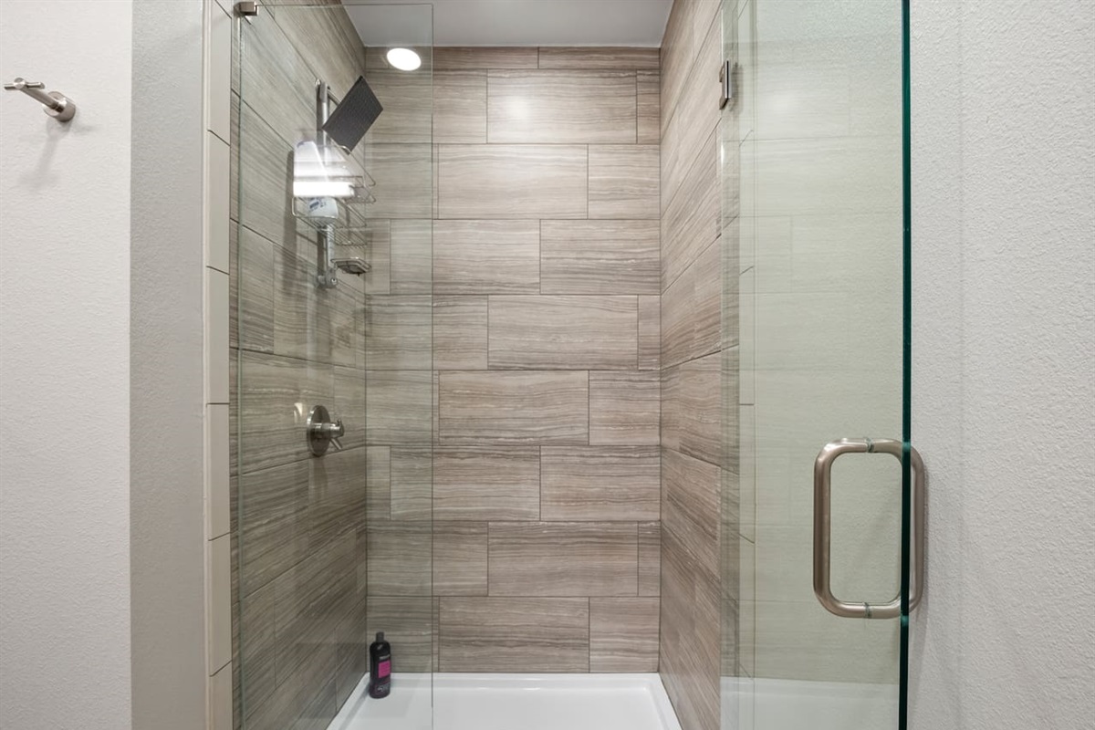 Large bathroom with Walk-in Shower. Towels, Shampoo, Conditioner, Body Soap, Dryer
