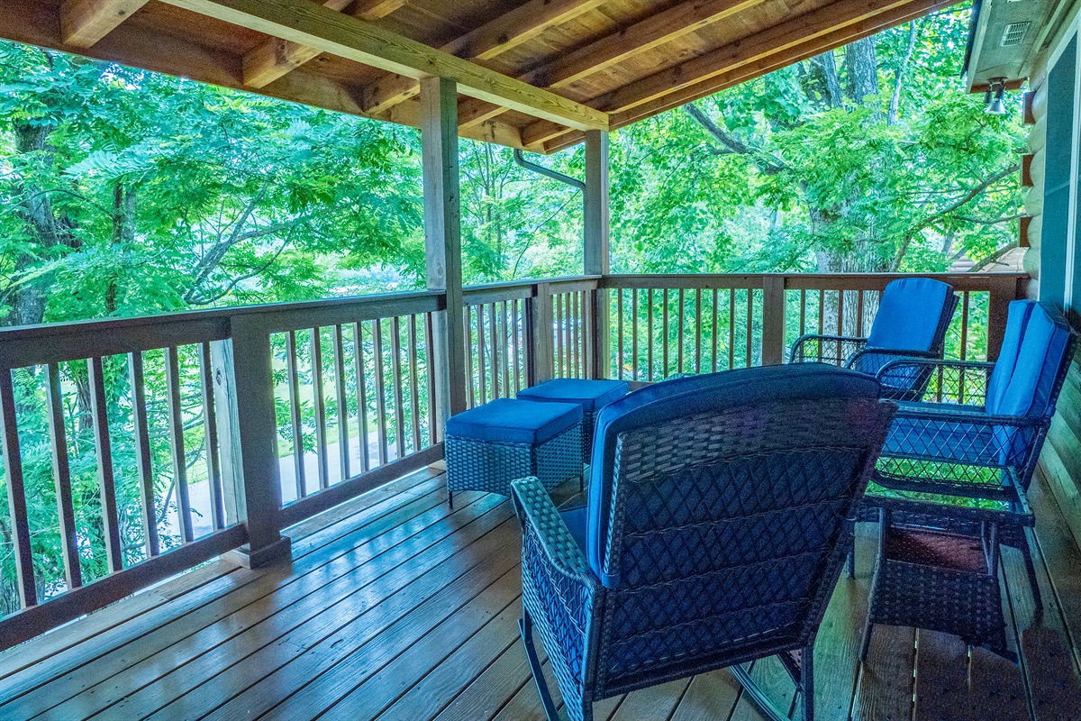 Immerse yourself in nature from the comfort of your private back deck, offering serene views and mountain breezes.