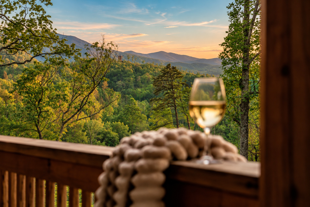 Rest a chilled white on the rail and let the forested valley glow below you.