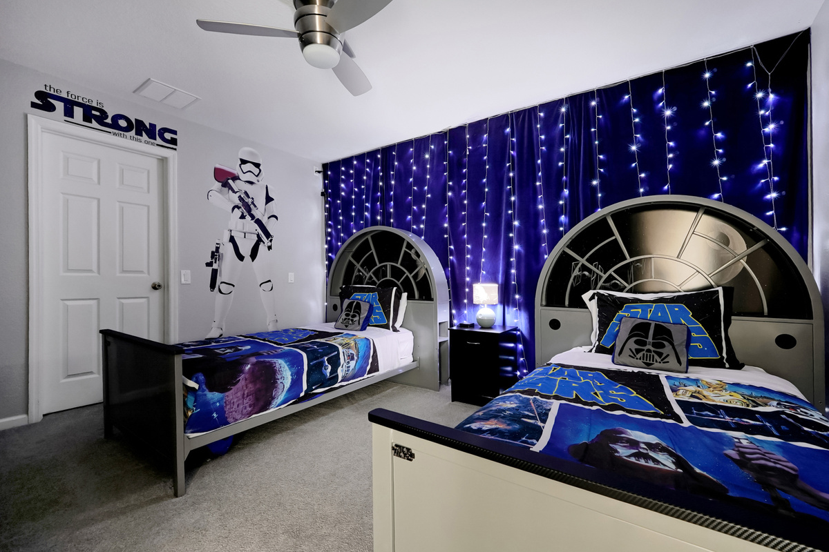Star Wars Bedroom Upstairs with TV and ceiling fan