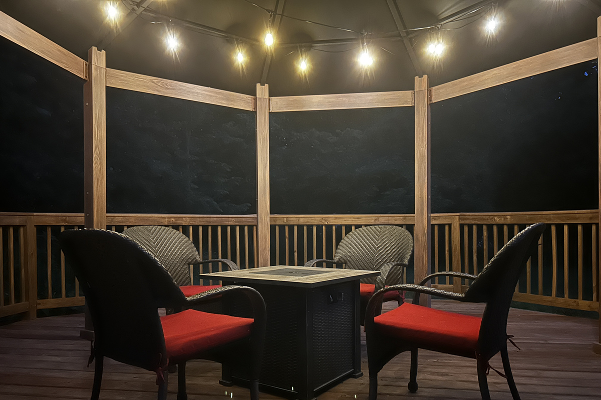 The gazebo has solar cafe lights that can be enjoyed in the evening.