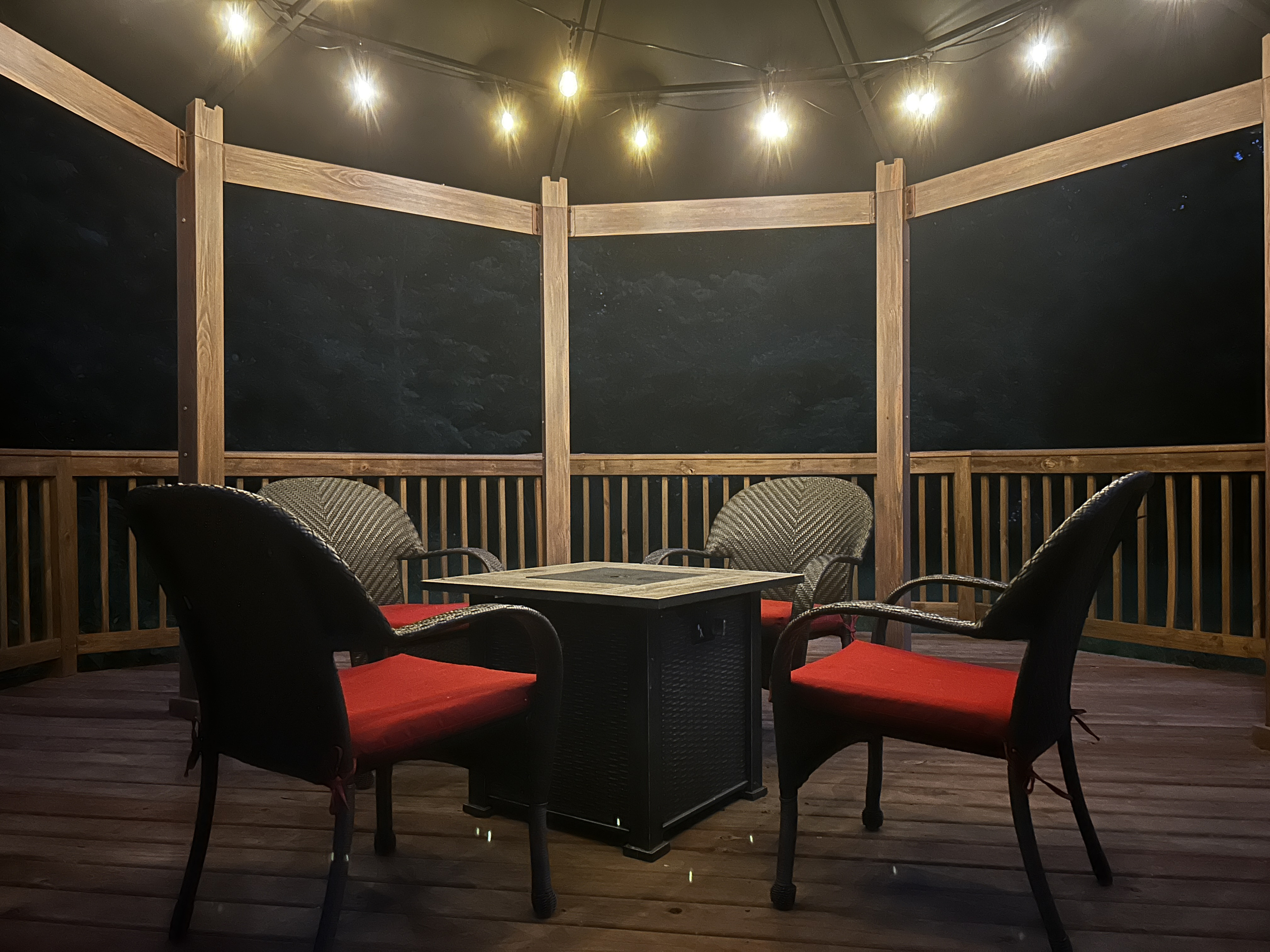 The gazebo has solar cafe lights that can be enjoyed in the evening.