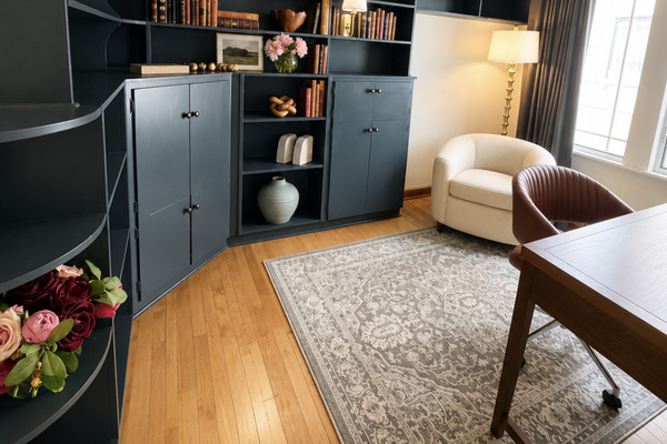 Main floor office with built-in shelving, comfortable seating, and a dedicated workspace. This flexible room can be converted to an extra twin bedroom upon request, offering added sleeping space while maintaining a quiet retreat.
