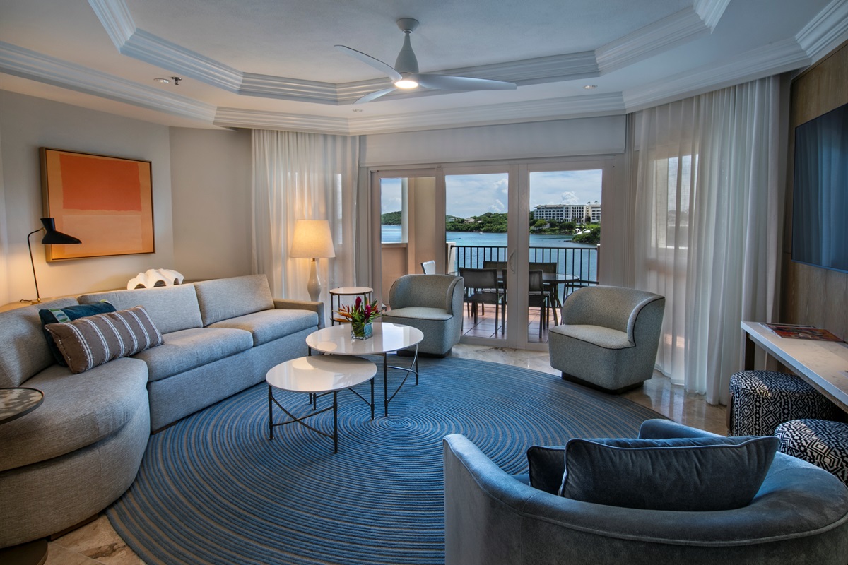 Luxury living room at the Ritz-Carlton Residences, St. Thomas, featuring open-concept design and elegant furnishings in a premium Caribbean beachfront condo.