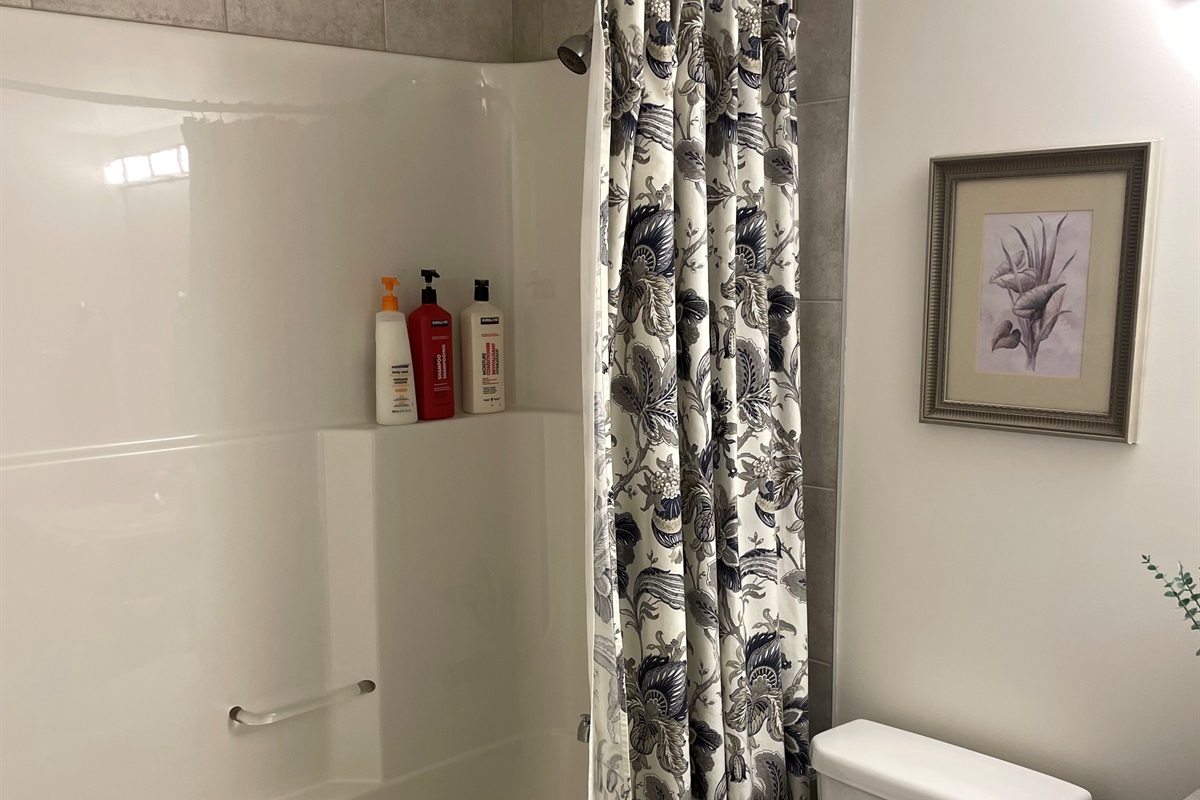 Full size tub/shower unit, we supply Kirkland Shampoo, Conditioner, Body Wash and Dice bar soap.