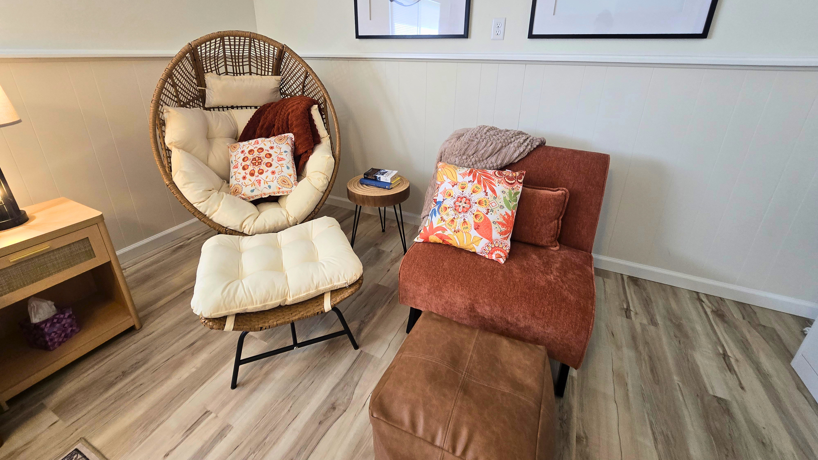 Sink into the cozy egg chair and unwind with a book, blanket, or your morning coffee.