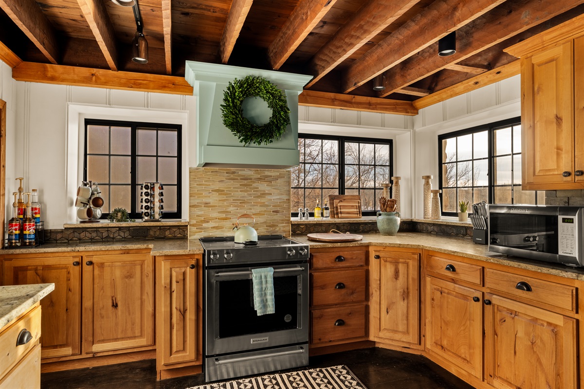 Wood beams, natural light, and a kitchen that wows