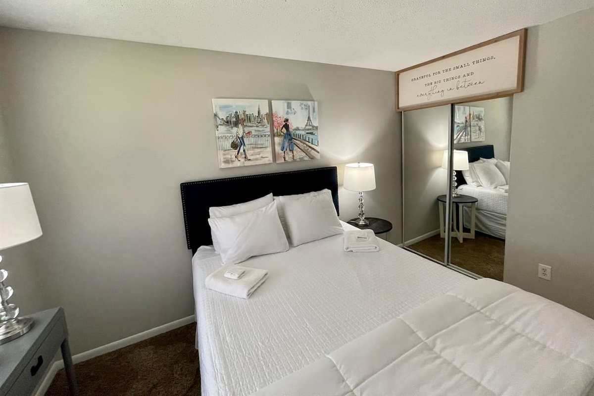 Bedroom 1, with queen size bed and memory foam mattress