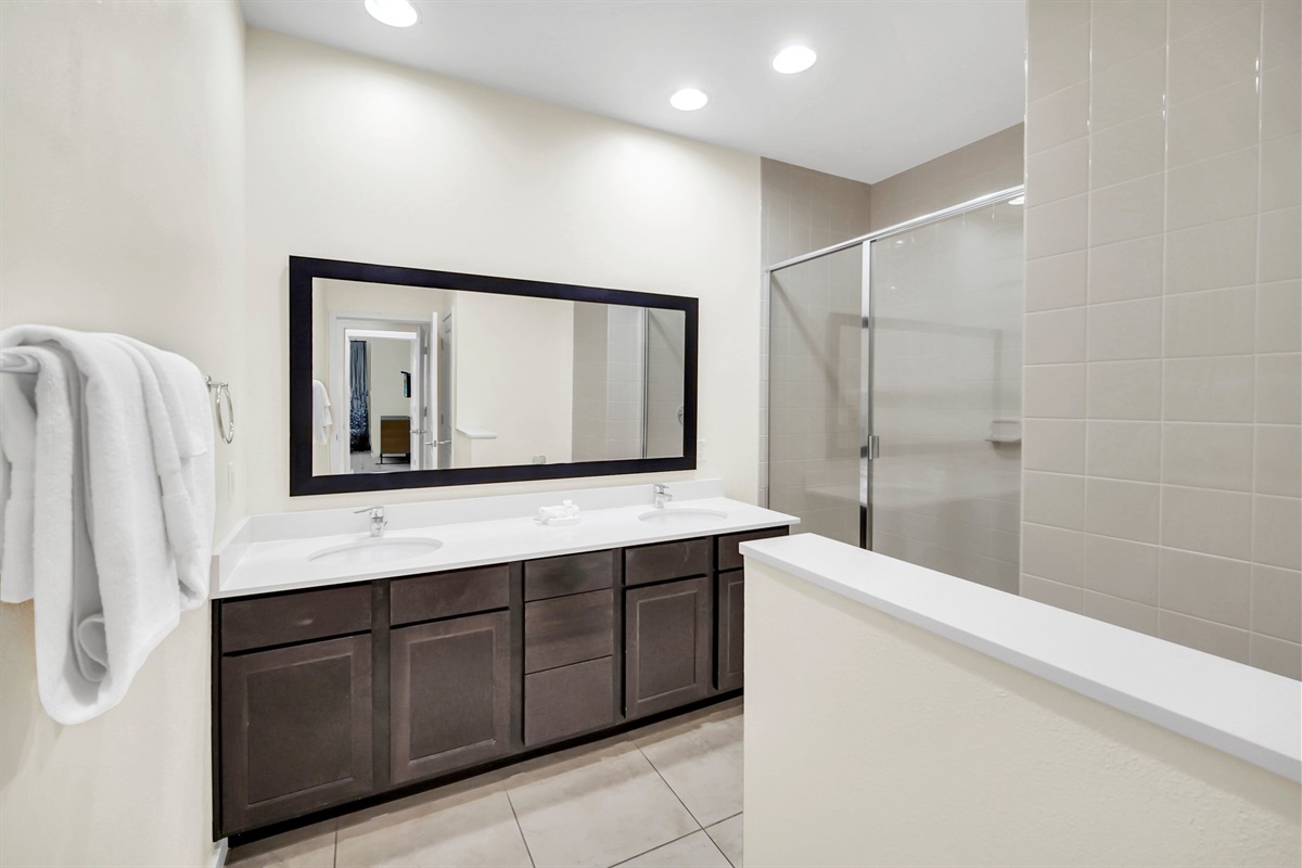 Guest bath with double vanity and walk in shower