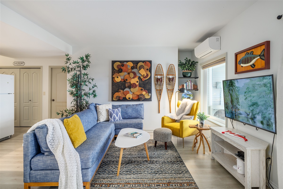 Comfortable, quality sectional, TV, original art