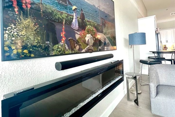 State of the art sound system with flat screen TVs in living room and all three bedrooms. Electric fireplace in the living room to enjoy this condo year around. 