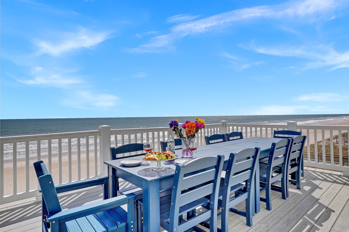 The best seat on the coast! Enjoy group meals on the deck with the salt air in your hair.