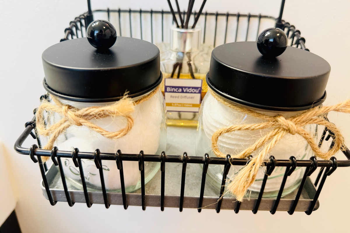 Coordinated bathroom amenities and supplies are provided for guests.