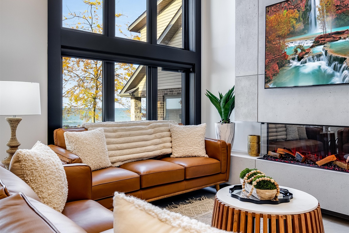 Comfortable modern armchair with views overlooking Lake Erie.