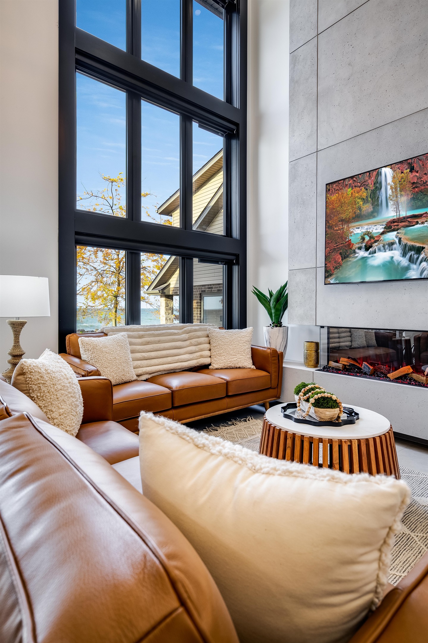 Comfortable modern armchair with views overlooking Lake Erie.