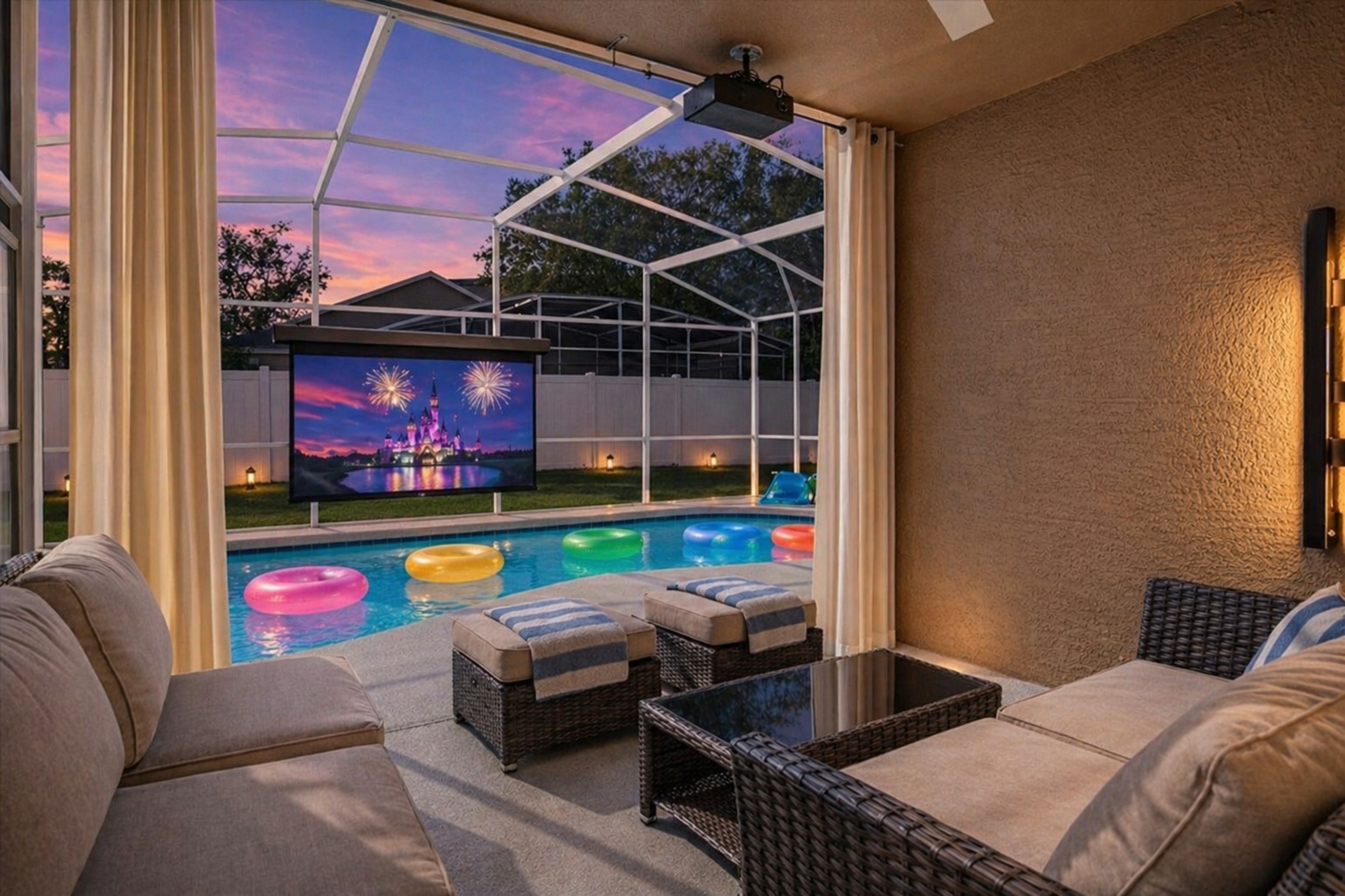 Enjoy a private screened pool area with an outdoor dining space and a projector screen for entertainment.