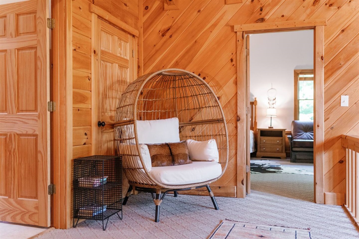 Enjoy time in the egg chair and take in the forest views!