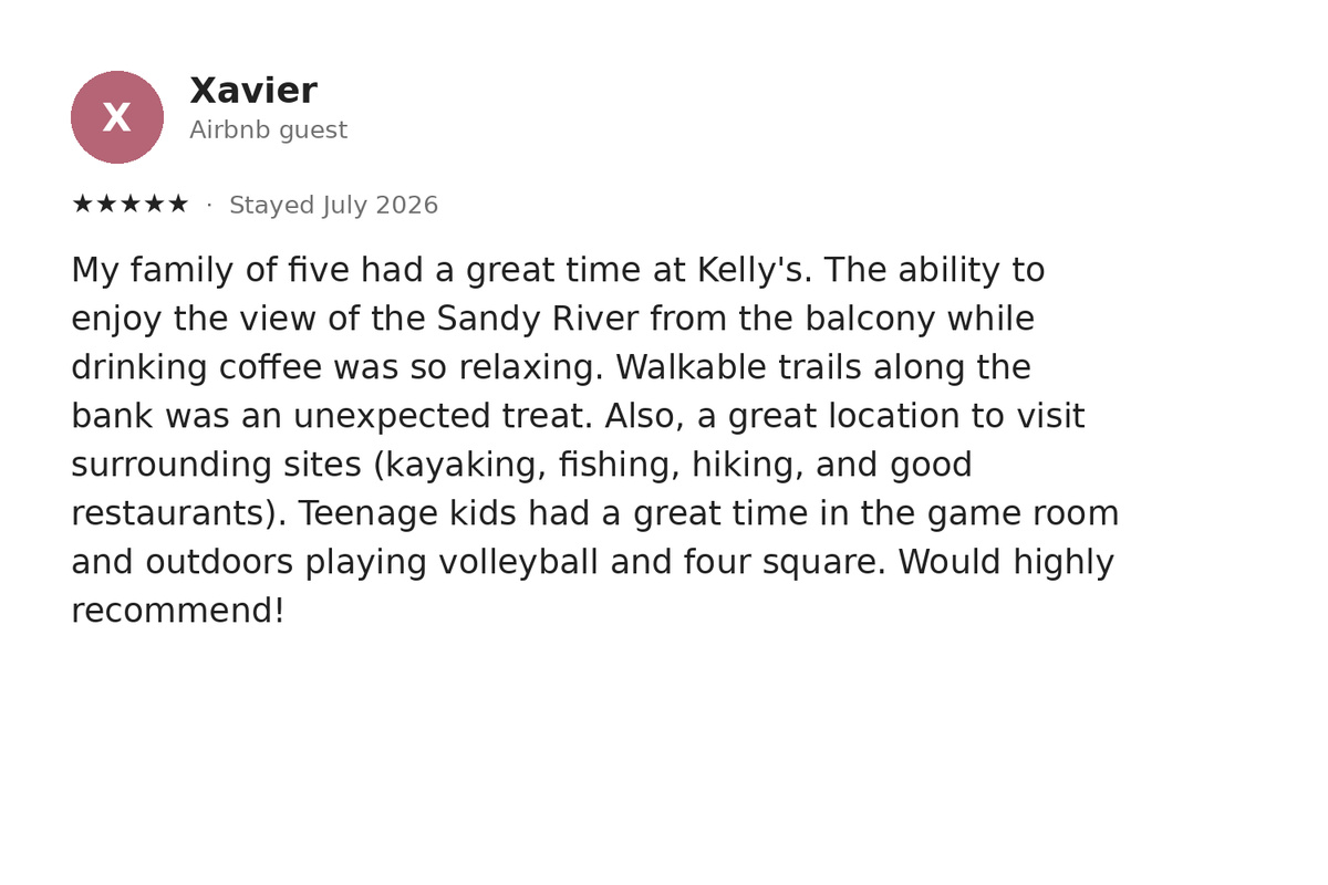 A real five-star guest review — one of 100+ at 4.99 stars.