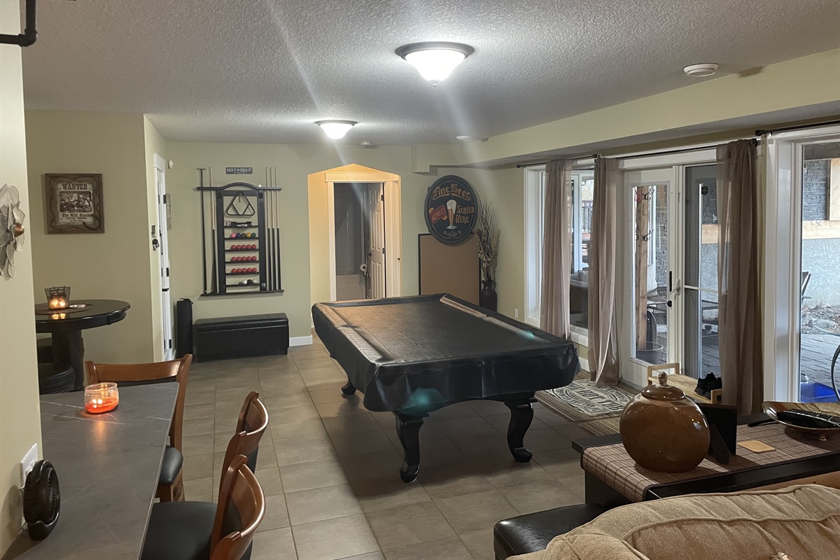 Pool table and seating.