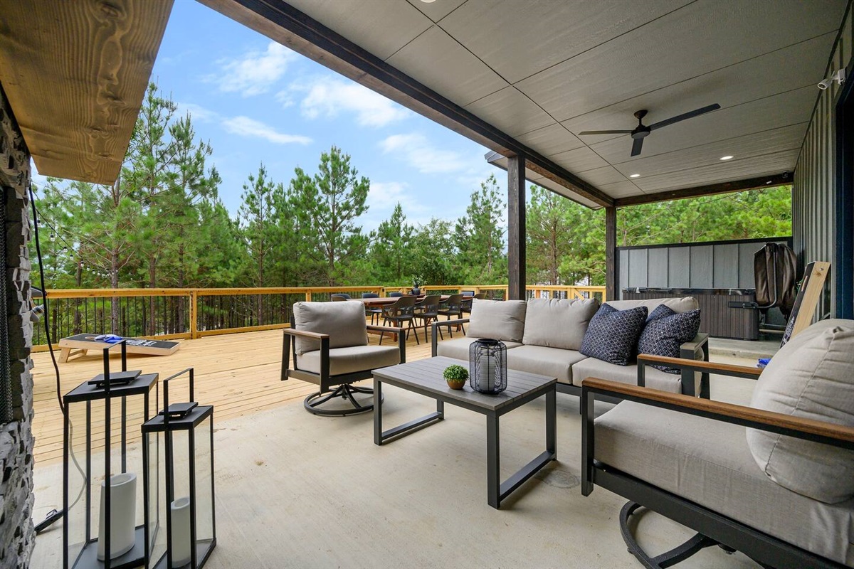 Seating area around outdoor gas fireplace