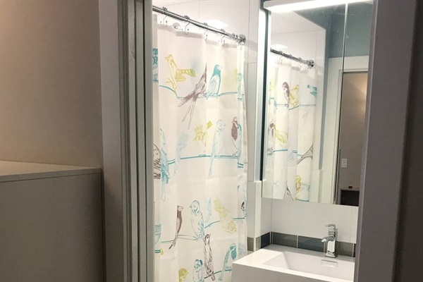 Double shower curtain to prevent billowing, humidistat fan and excellent lighting over the shower space.