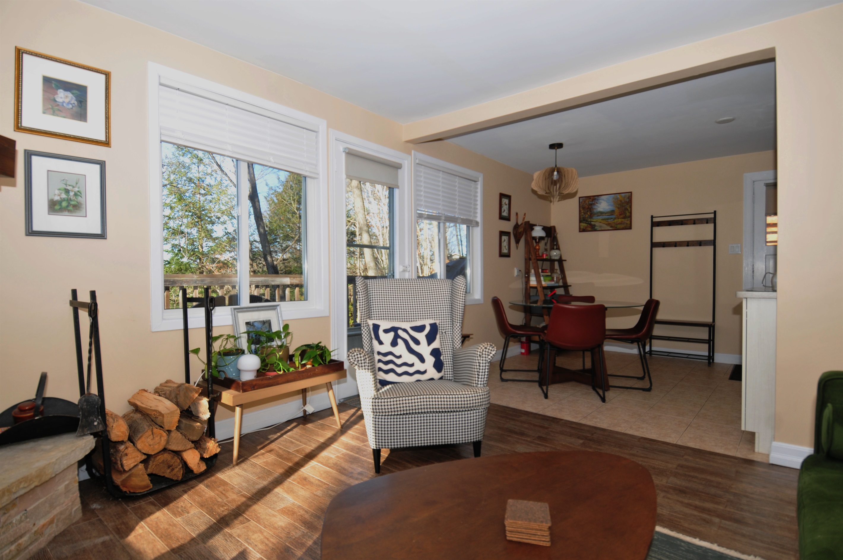 View from living room showing door to balcony and dining area