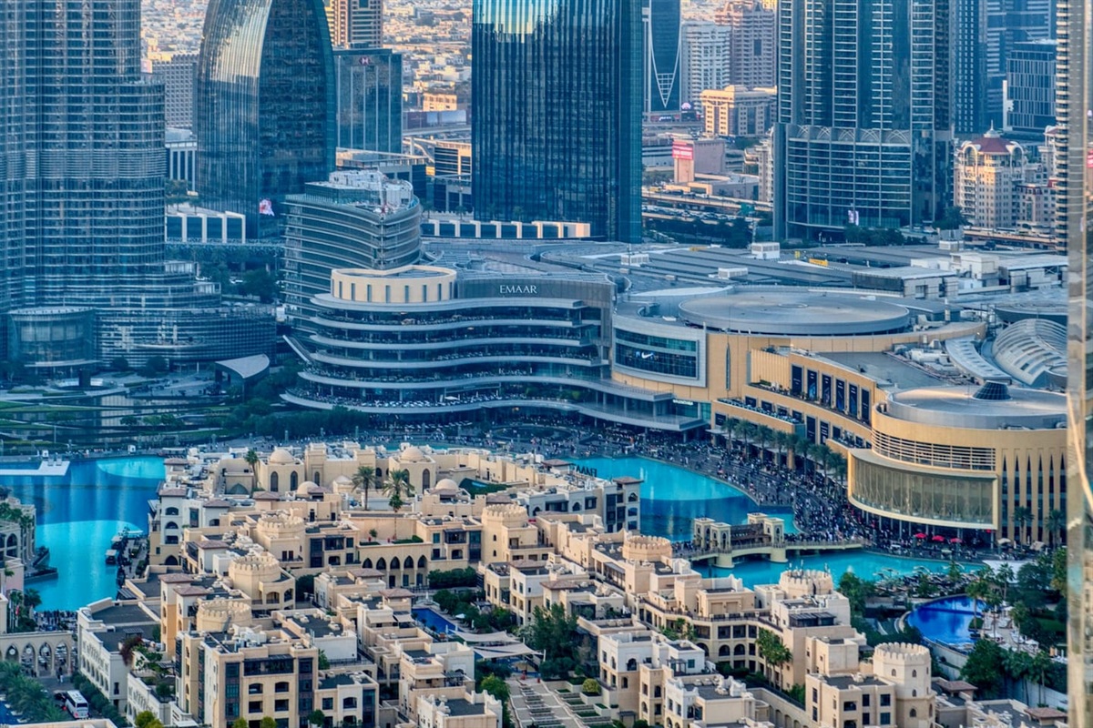Scenic view of Dubai Mall and fountains show from private balcony