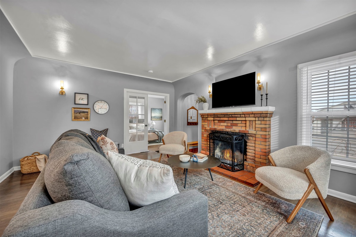 Relax around the warming fireplace.