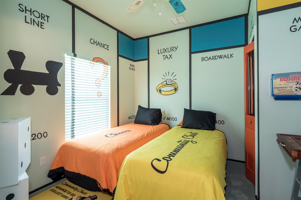 Monopoly themed bedroom at Clermont vacation mansion