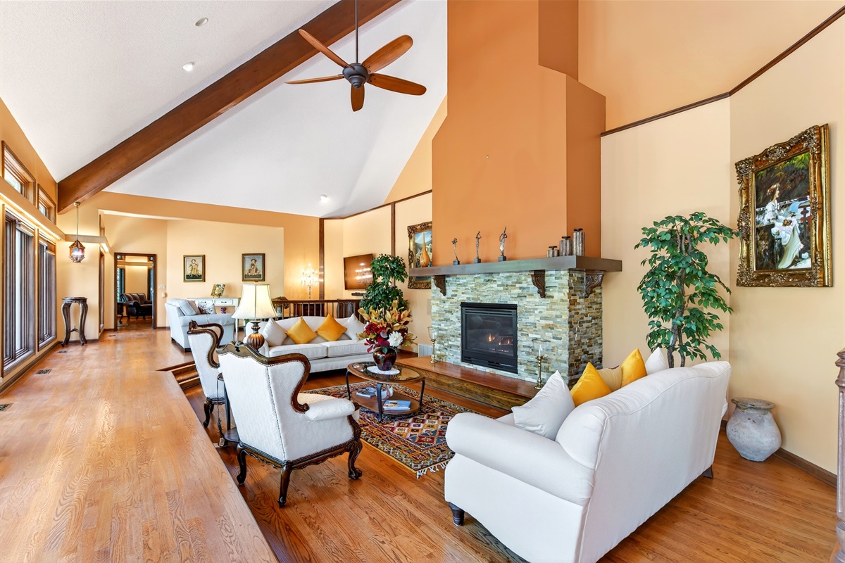 Gas fireplace in the upper level living room