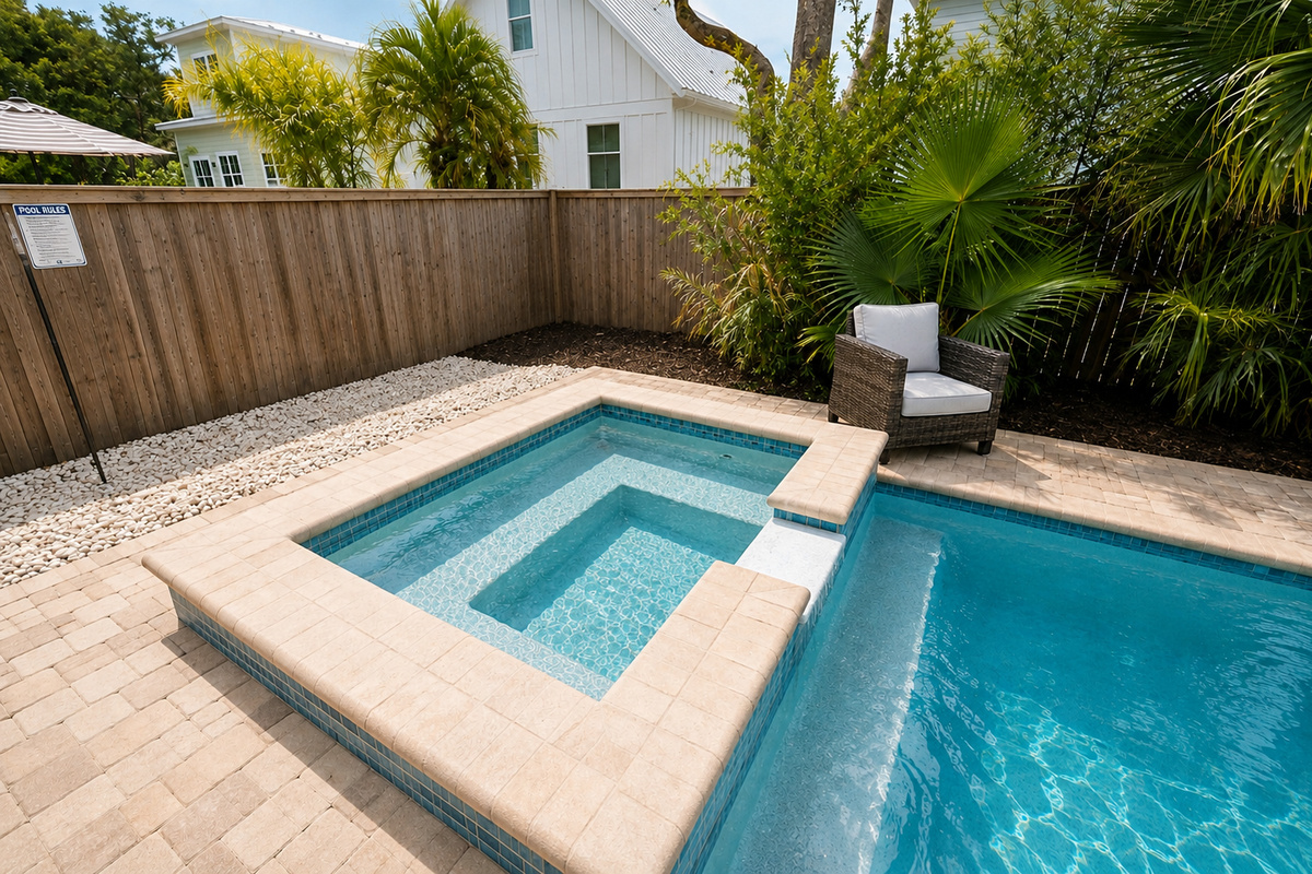 The spa bubbles beside the pool's tanning shelf — sink in shoulder-deep while palms rustle along the privacy fence, with the posted pool rules keeping cannonball season safe and civilized for everyone.